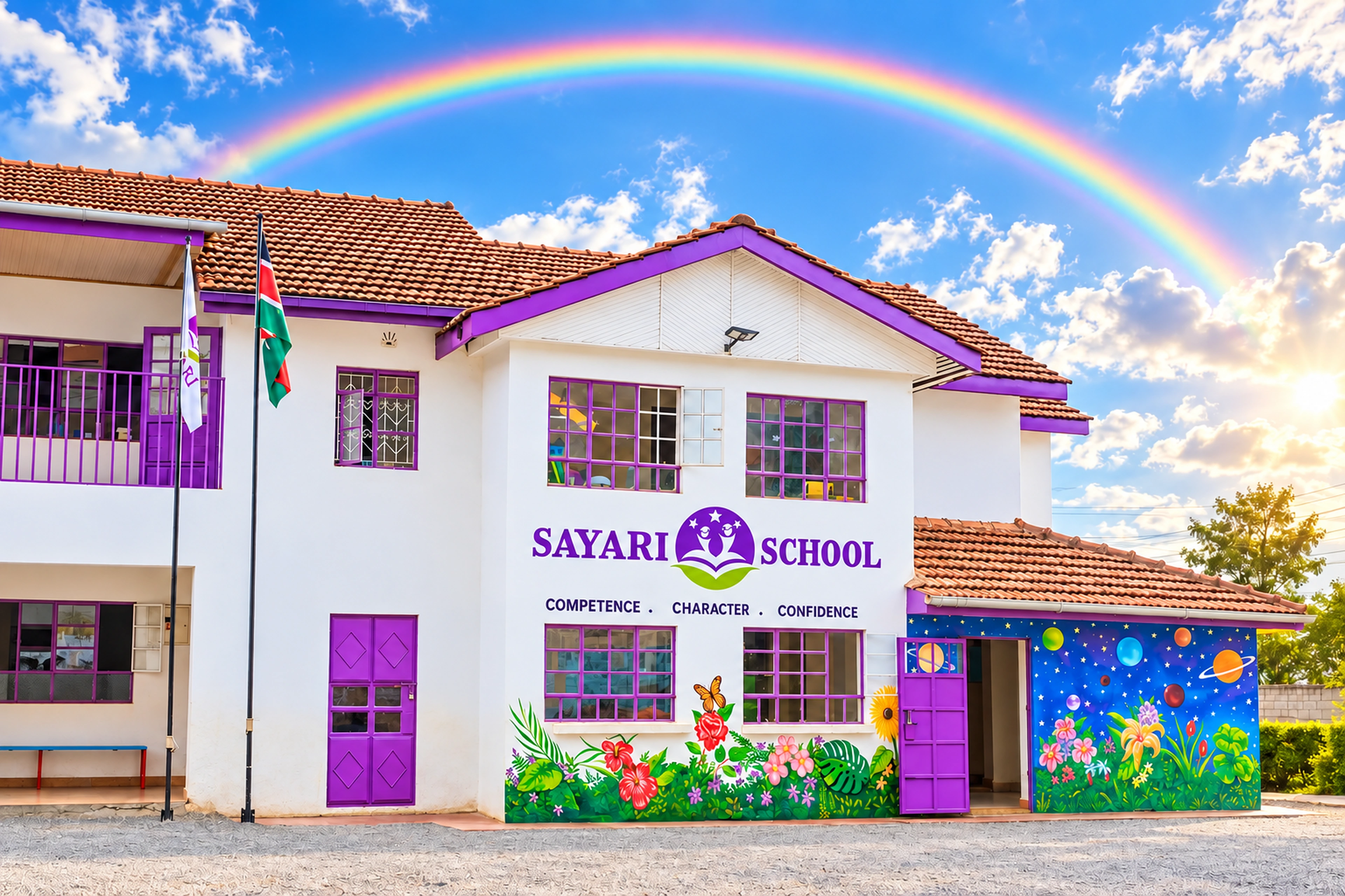 Enhanced photograph of Sayari Toll Campus admin block with a rainbow above the roof